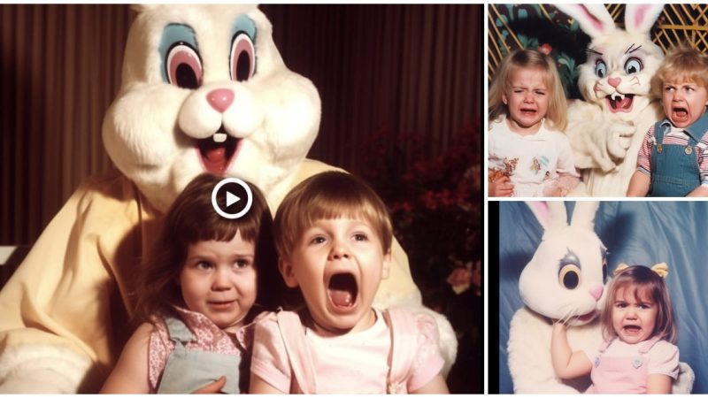 Happy Easter and the funny faces of the children. When taking a photo with the bunny