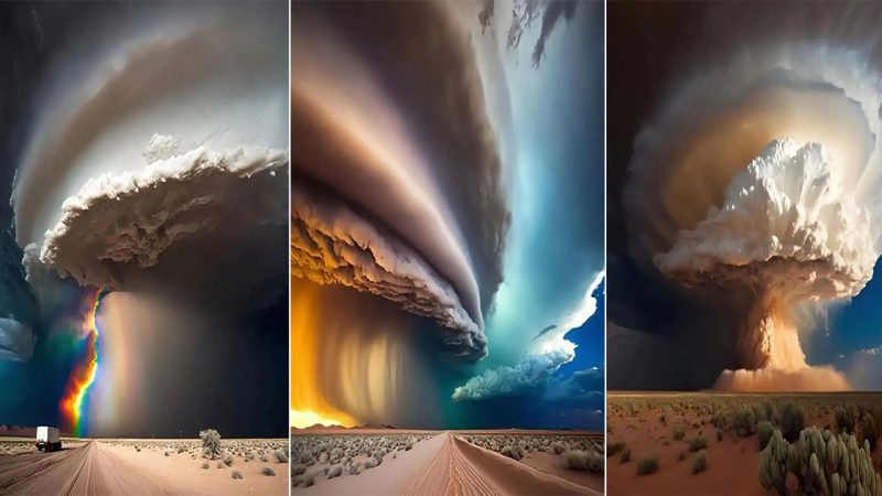 The once-in-a-thousand-year scene when a storm passes through the beautiful cloud-covered desert