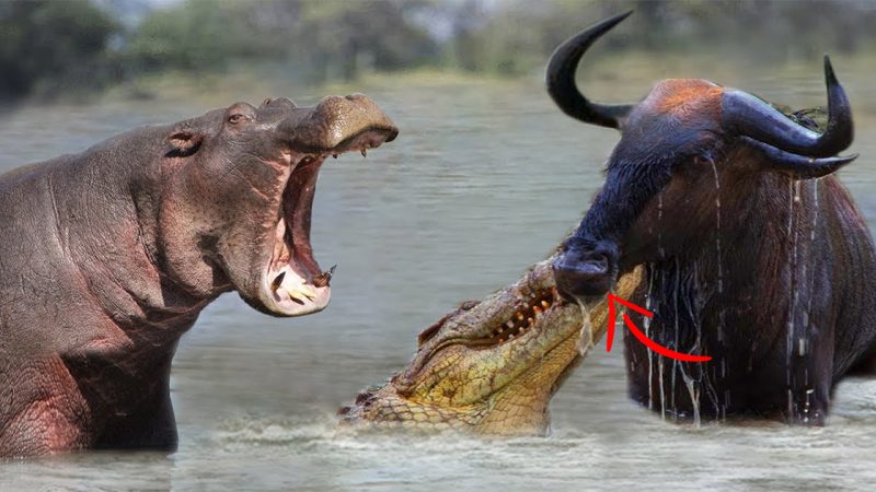 Hippos save wildebeest from jaws of hungry crocodiles