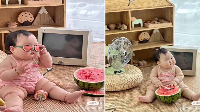 The adorable image of the baby with a watermelon on the left that makes netizens delighted because of its cuteness.