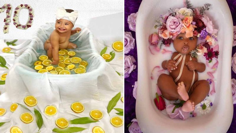 Pictures of babies bathing with materials that are said to be luxurious or sassy