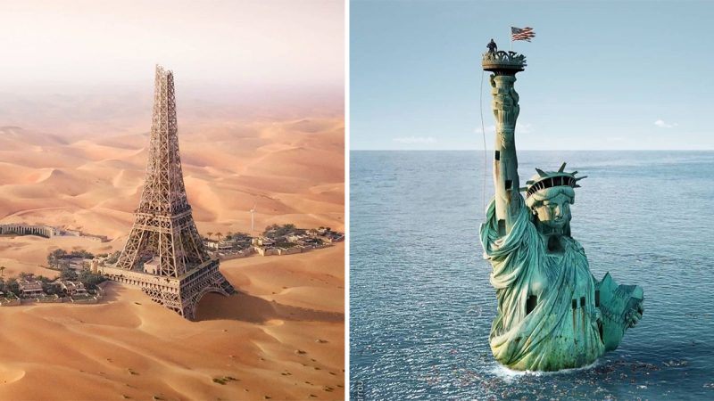 French digital artist Fabien Barrau uses his own drone photography to make photo montages of how ruined architecture might appear after a climate change apocalypse.