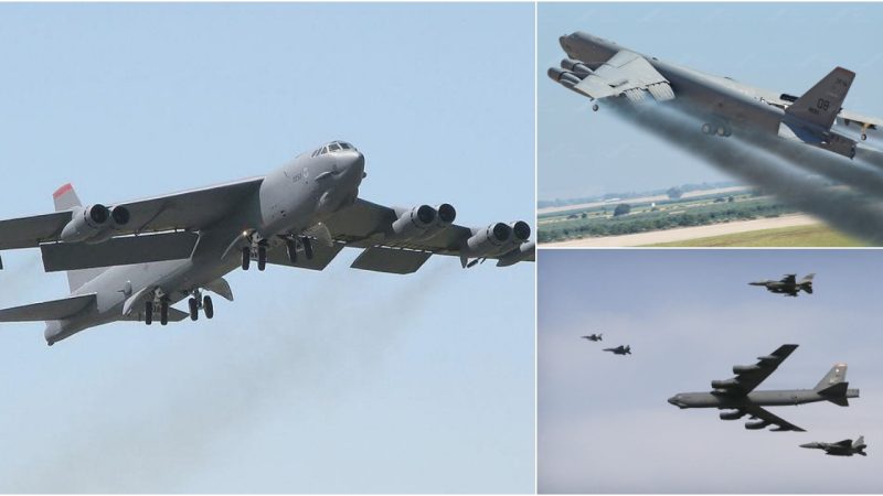 Capturing the Powerful Departure of a 70-Year-Old US B-52 in Full Throttle Amidst Intense Smoke