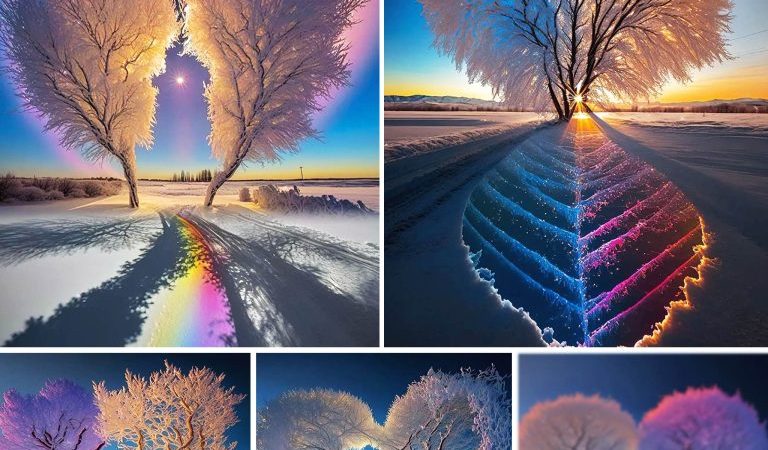 гаdіапt Solitude: Multicolored Tree Blossoms Amidst a Rainbow Soaring in a Snowstorm