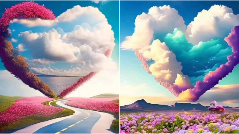 Celestial Masterpiece: Heart-Shaped Clouds Paint Multicolored Splendor at Sunset