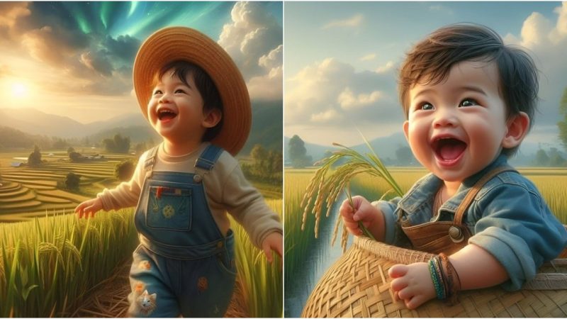 Enchanting Scenes as a Playful Child Frolics Amidst the Rice Fields, Captivating the Hearts of Onlookers.